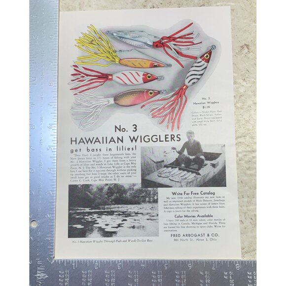 Hawaiian Wigglers No 3 Vintage Print Ad 40s Fishing Lures Fred Arbogast Akron OH - Picture 2 of 6